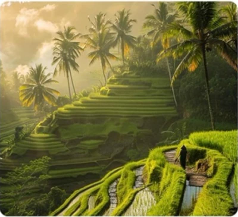 Sunlight over palm-lined terraces