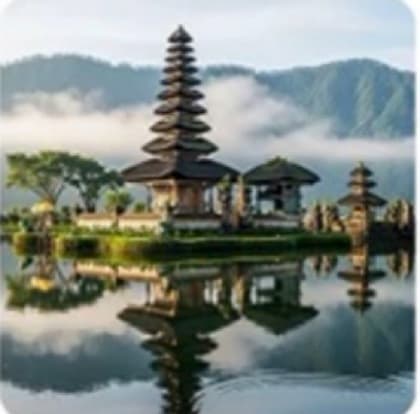 A temple reflected in still water at dawn