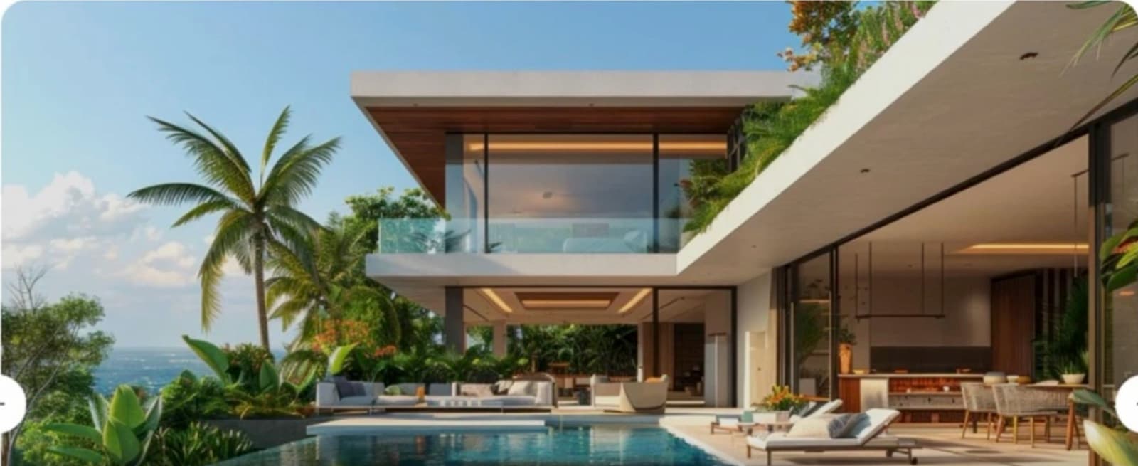 A modern villa with a long infinity pool